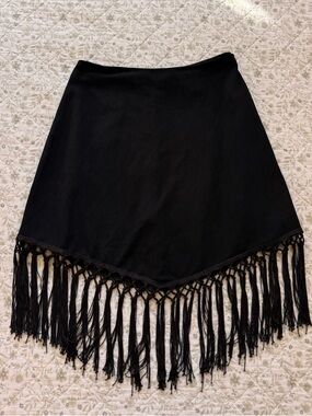 RusttyDustty boho black suede high waisted fringe skirt